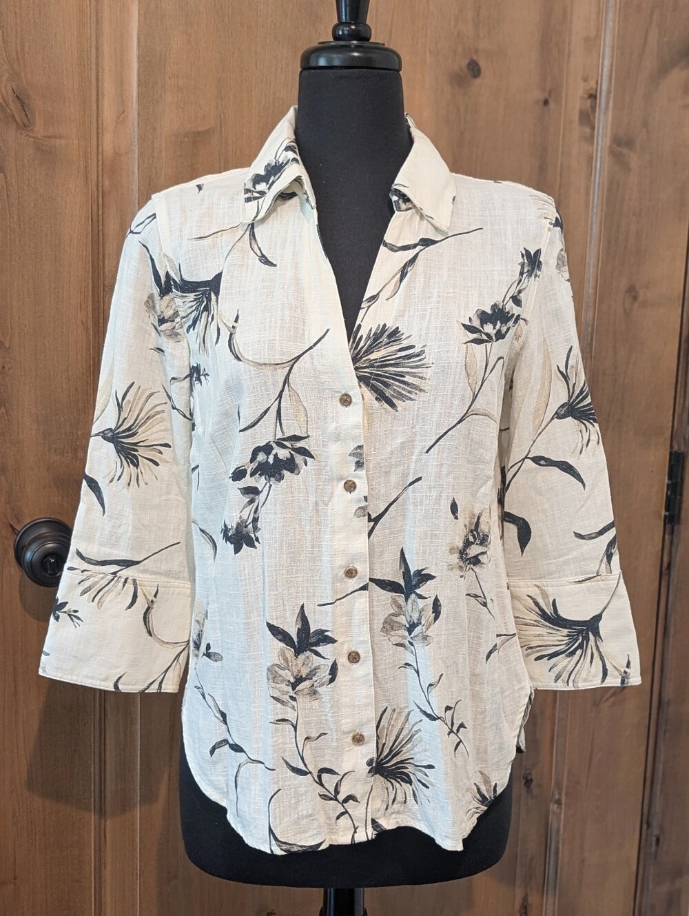 Mattie M Women's Linen Blend Cream Taupe Olive 3/4 Sleeve Button Down Blouse SzM